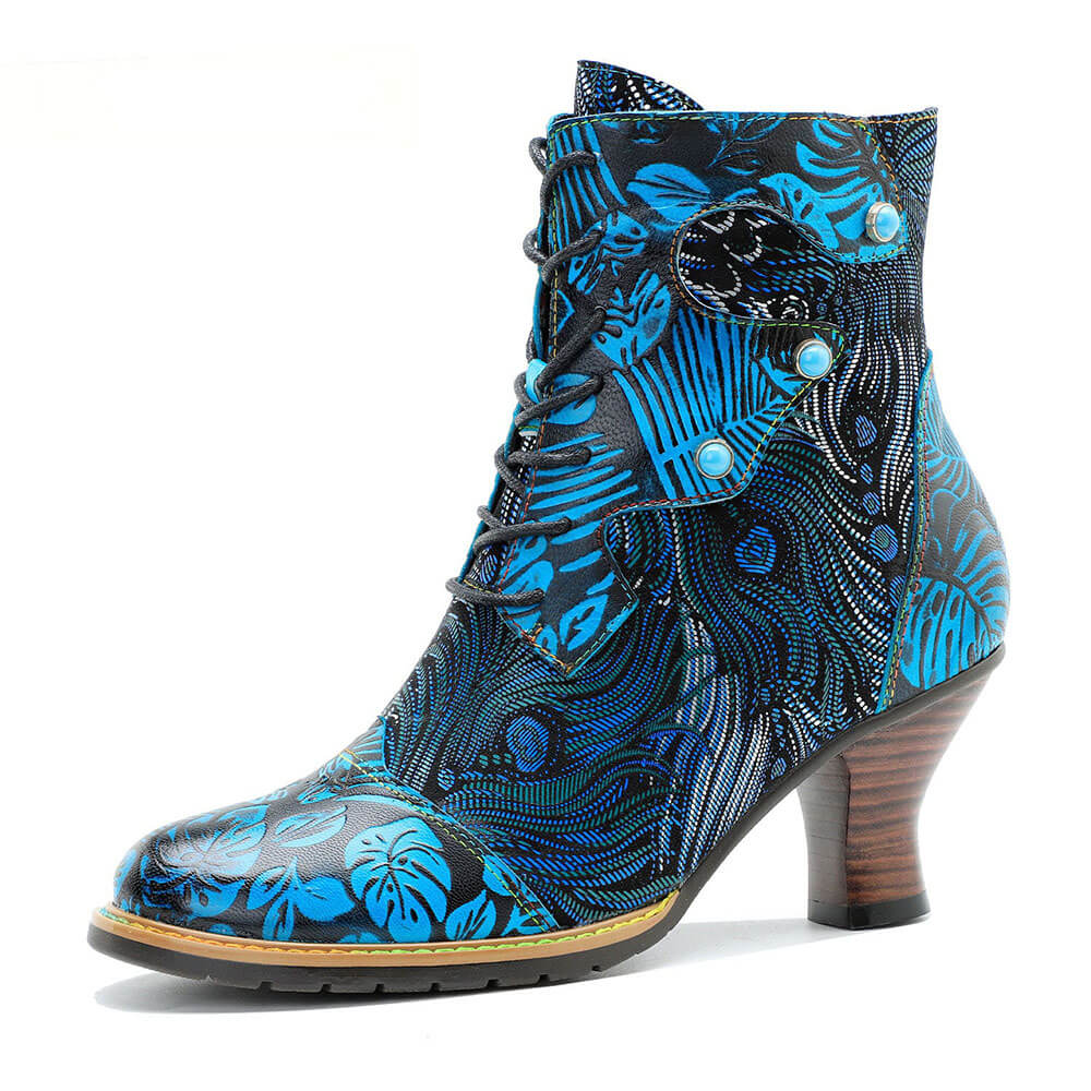 Blue Embossed Leather And Warm Brocade Comfy Ankle Boots