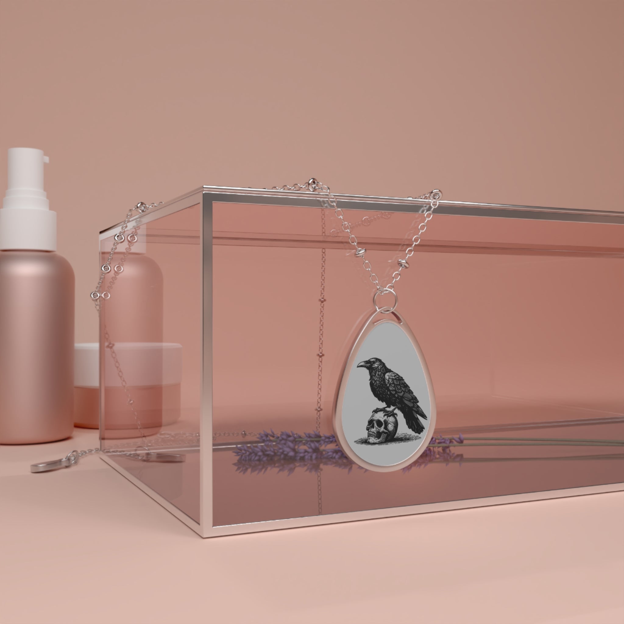 Gothic Oval Necklace with Raven and Skull