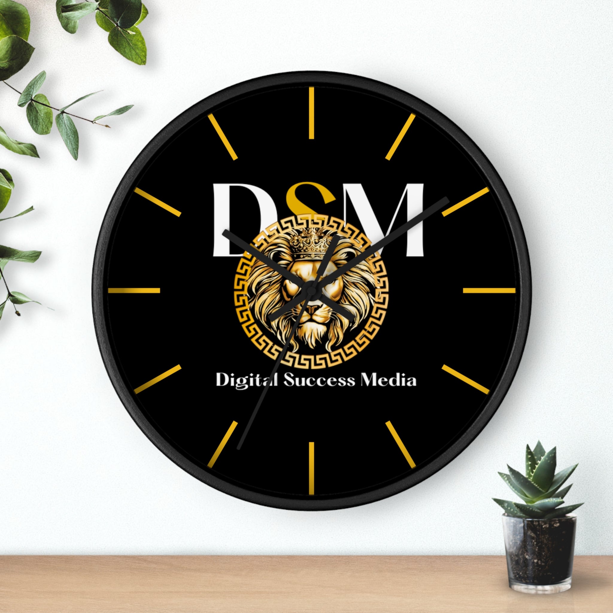 Digital Success Media Lion Logo Wall Clock — Black & Gold Office Decor