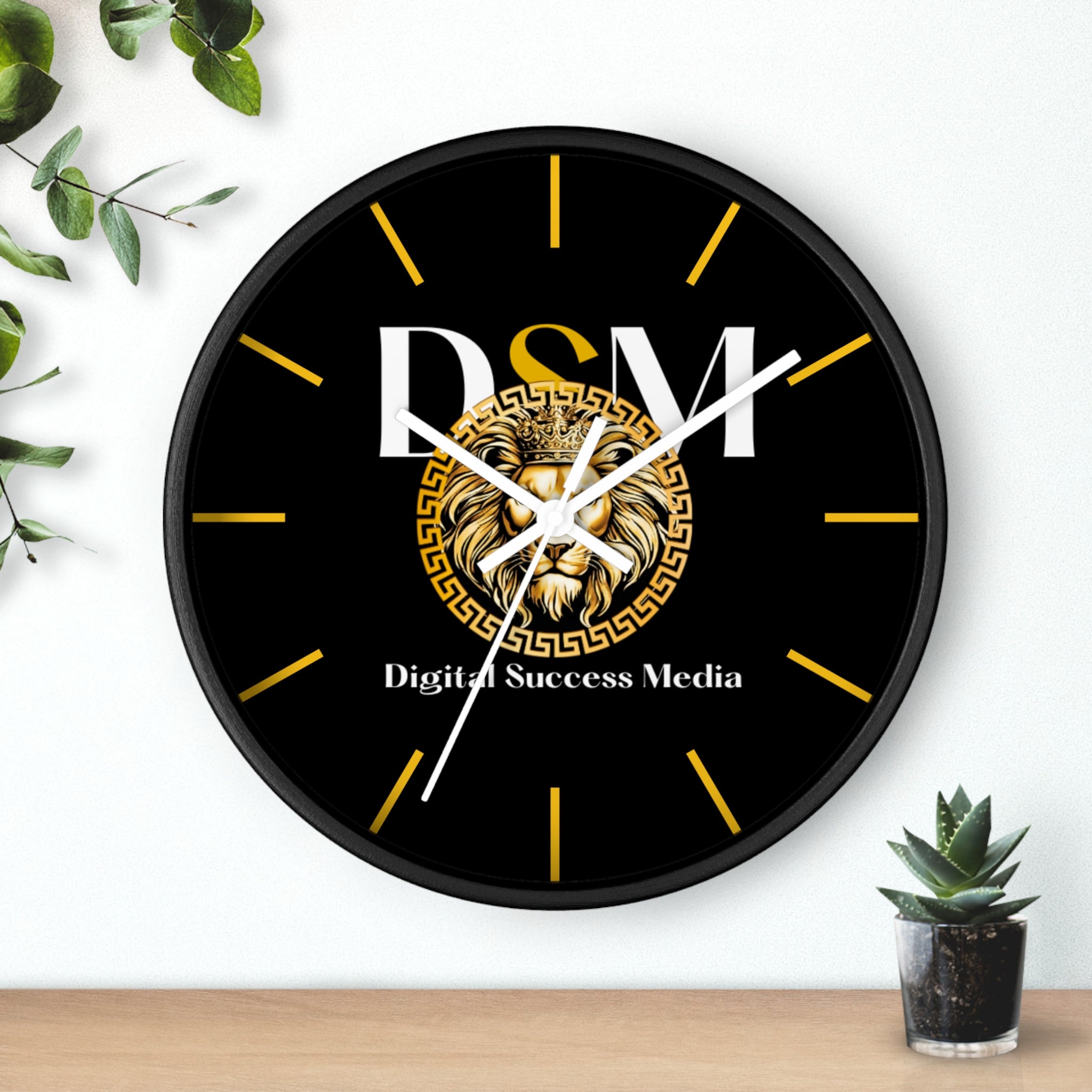 Digital Success Media Lion Logo Wall Clock — Black & Gold Office Decor