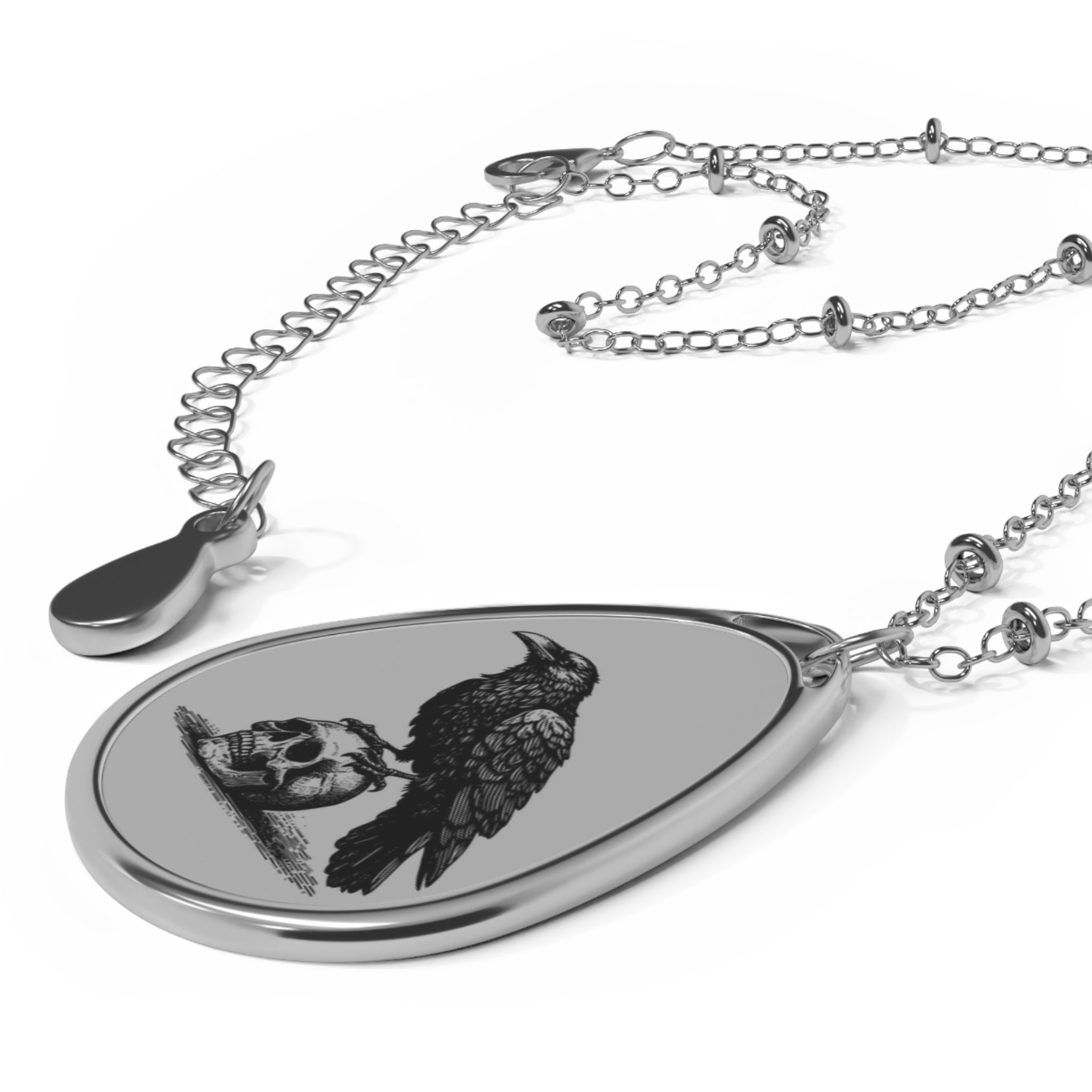 Gothic Oval Necklace with Raven and Skull