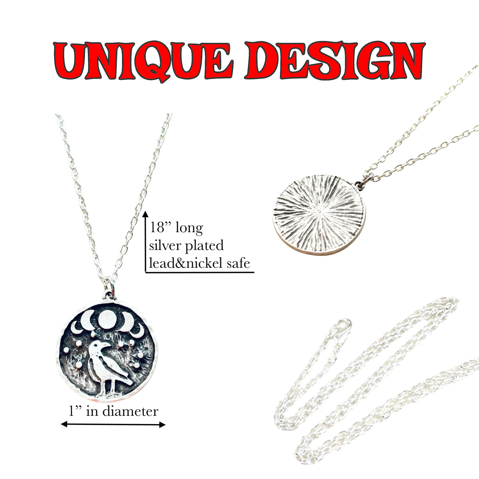 Crow coin necklace, Moon Phase Lunar Cycle Charm Pendant