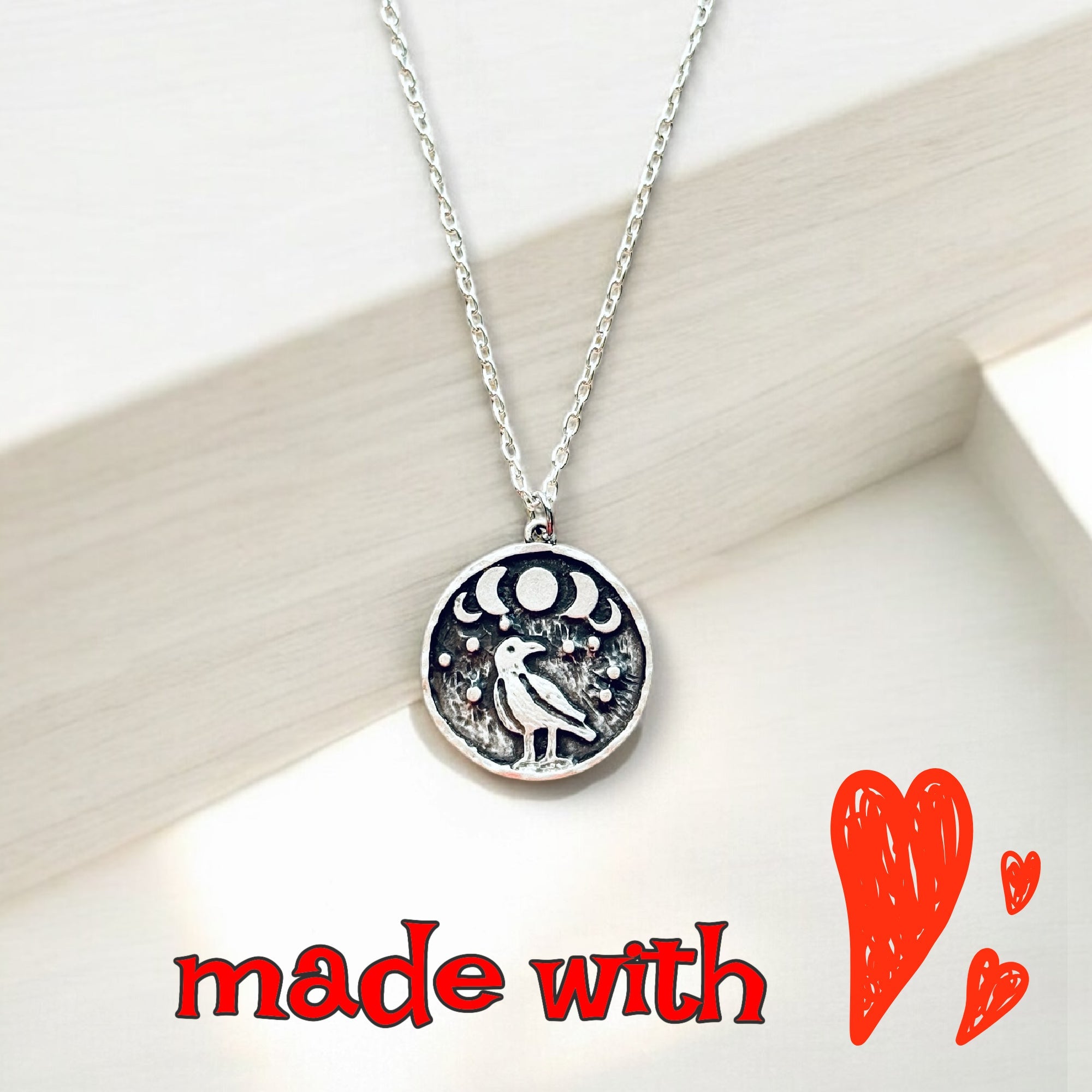 Crow coin necklace, Moon Phase Lunar Cycle Charm Pendant