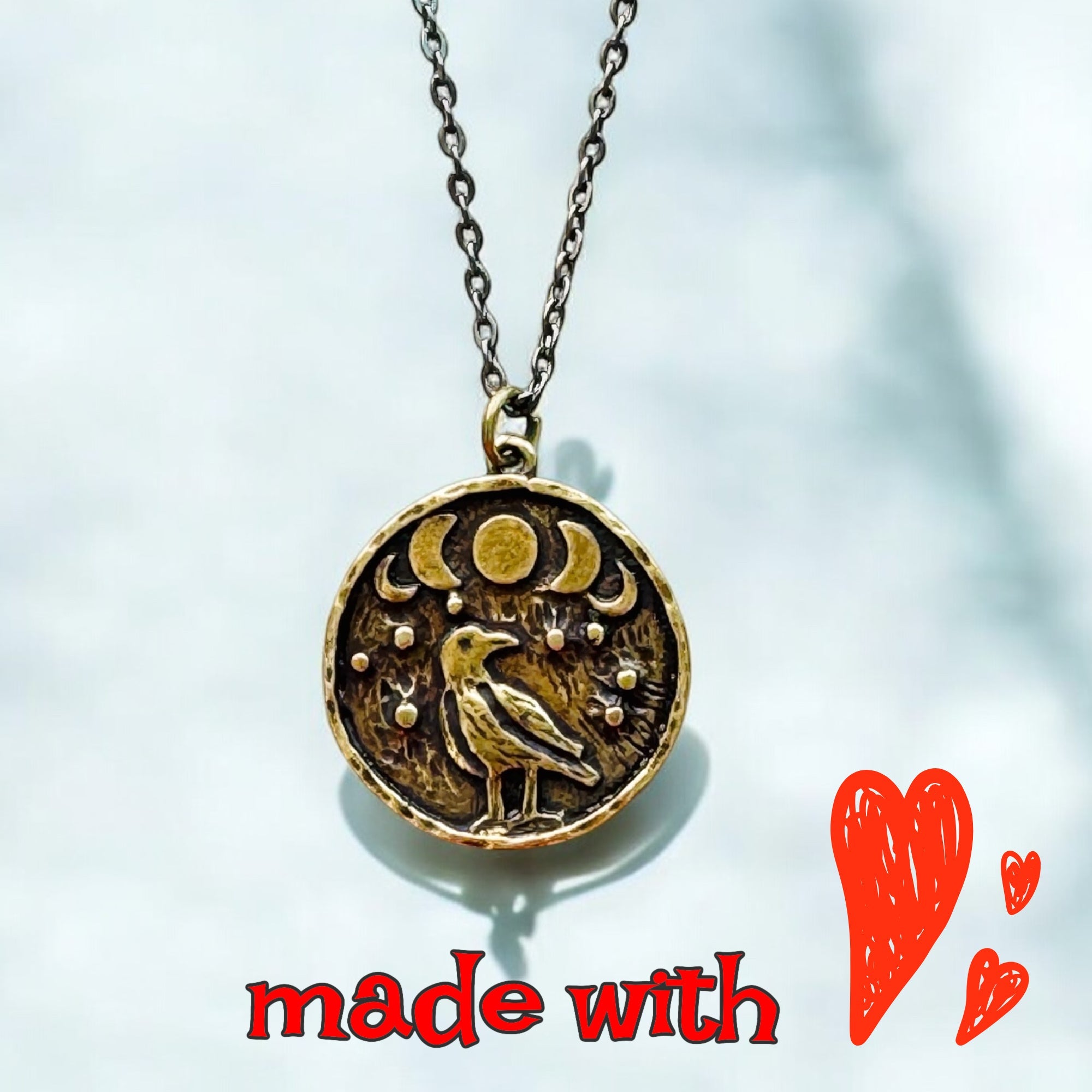 Crow coin necklace, Moon Phase Lunar Cycle Charm Pendant