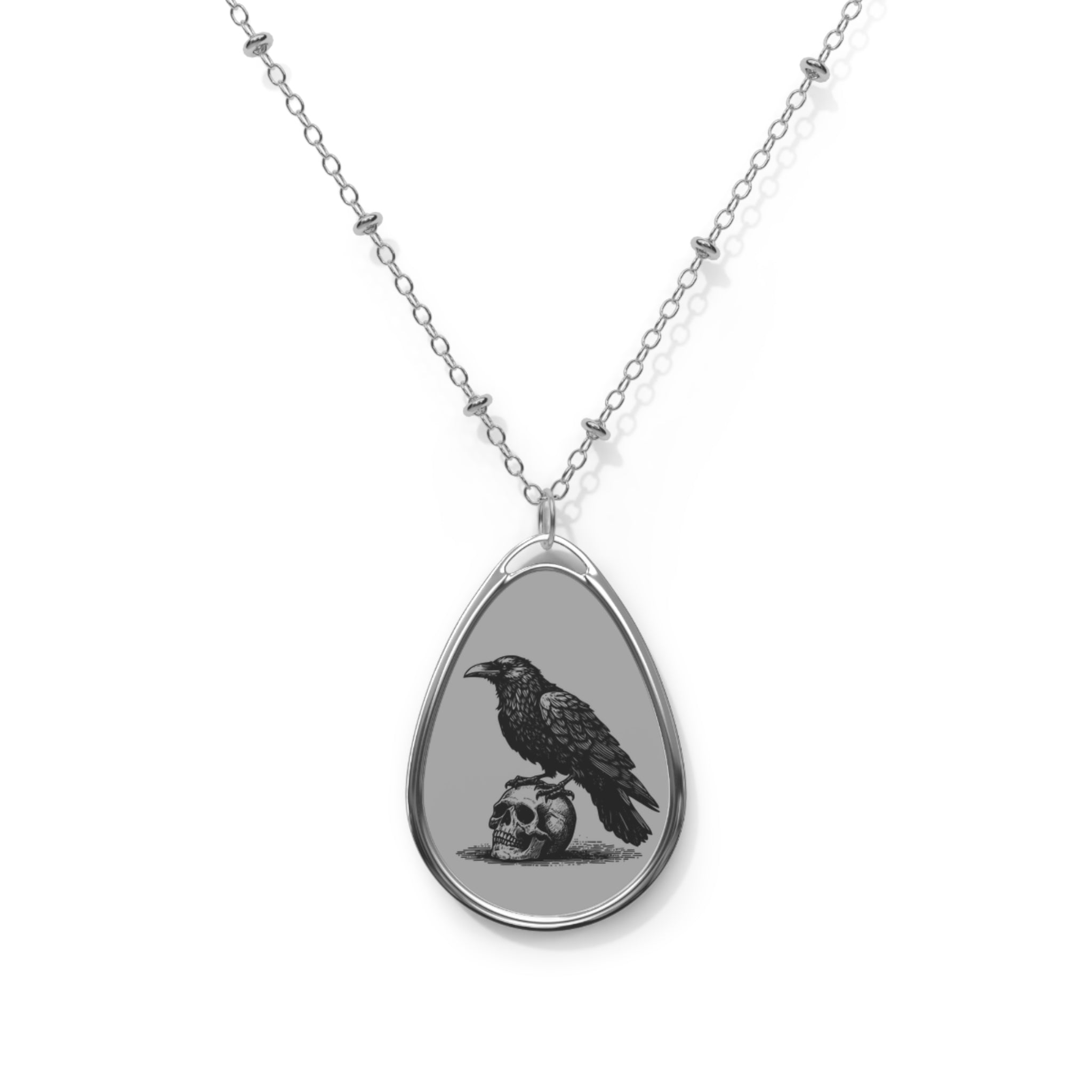 Gothic Oval Necklace with Raven and Skull