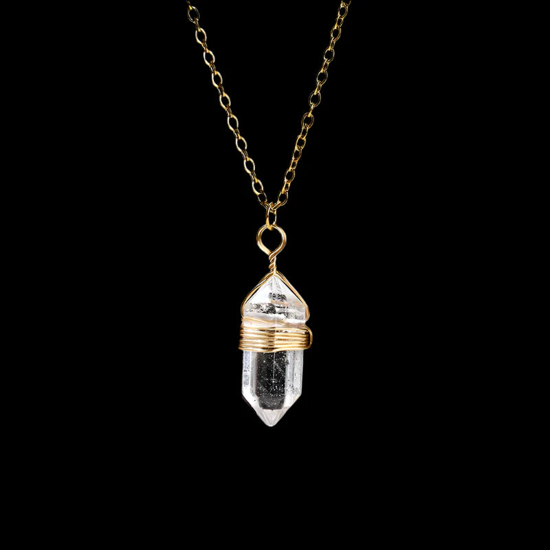 Crystal Hexagon Wire Wrap Gold Necklaces