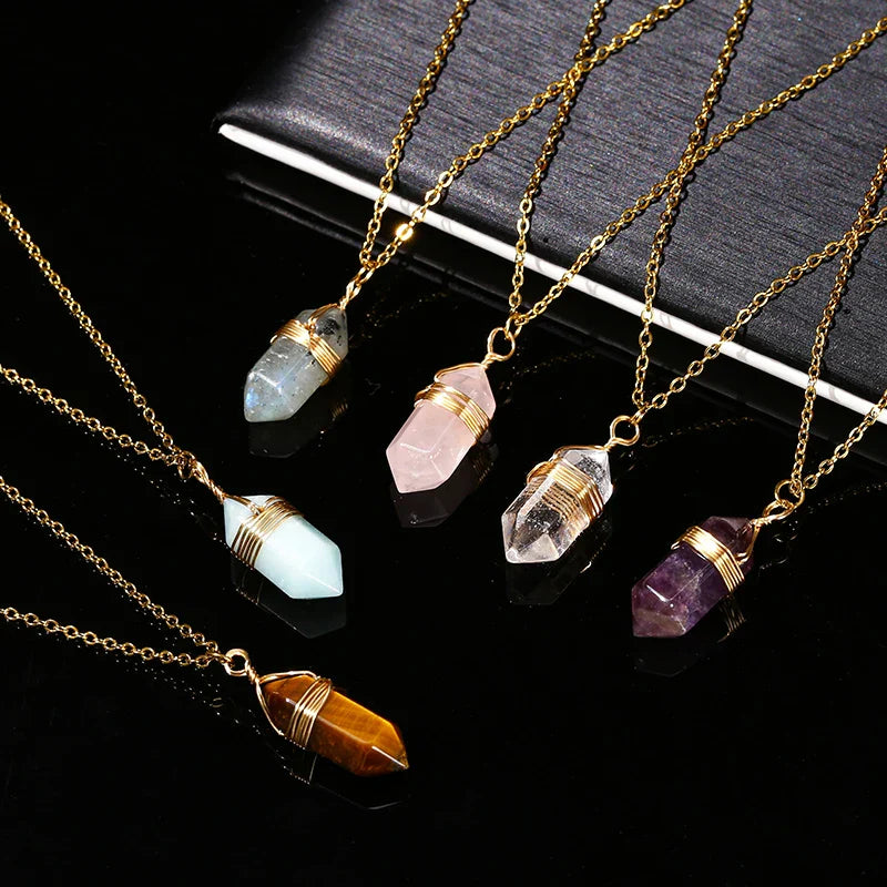 Crystal Hexagon Wire Wrap Gold Necklaces