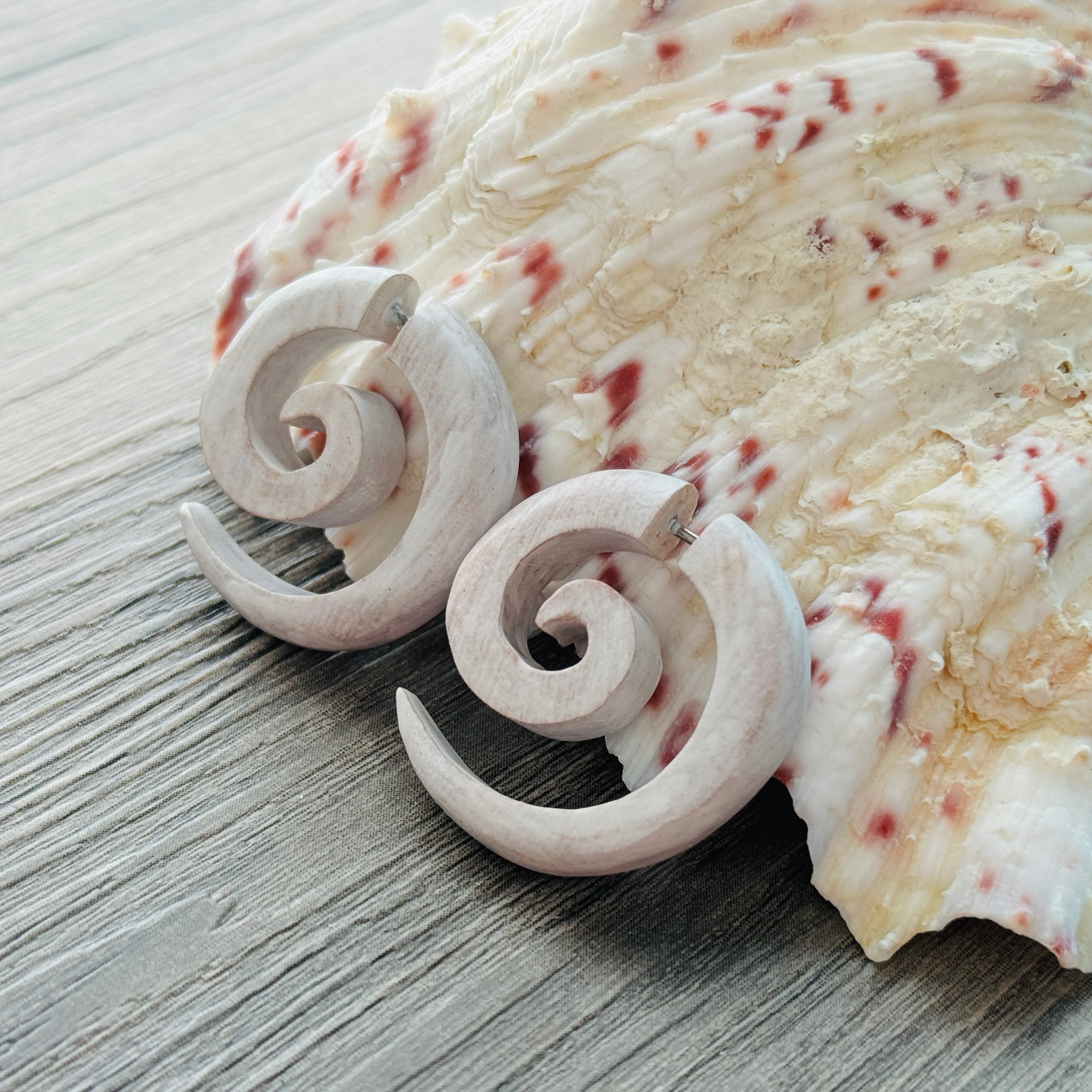 Wooden spiral earring organic jewelry rustic white color fake piercing