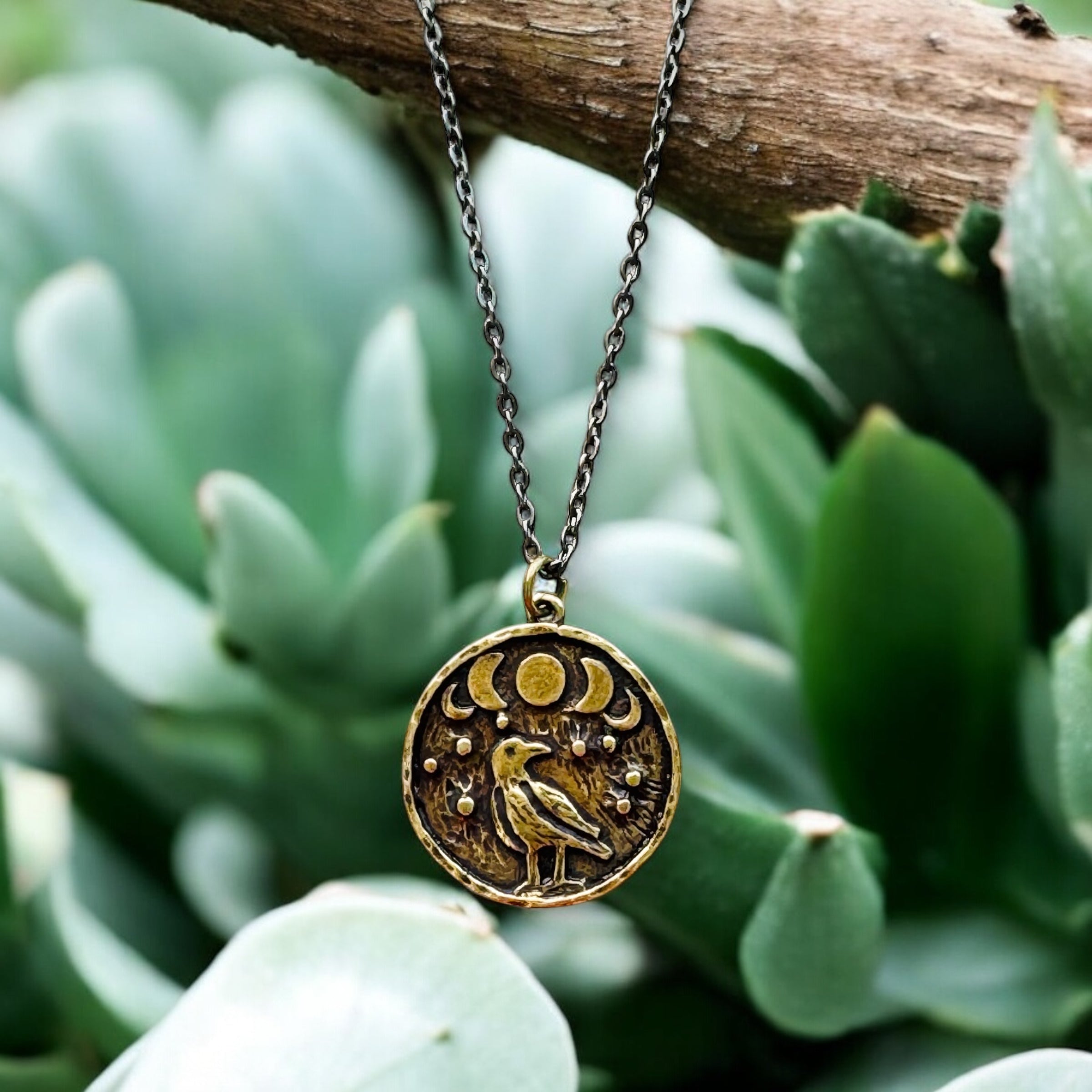 Crow coin necklace, Moon Phase Lunar Cycle Charm Pendant