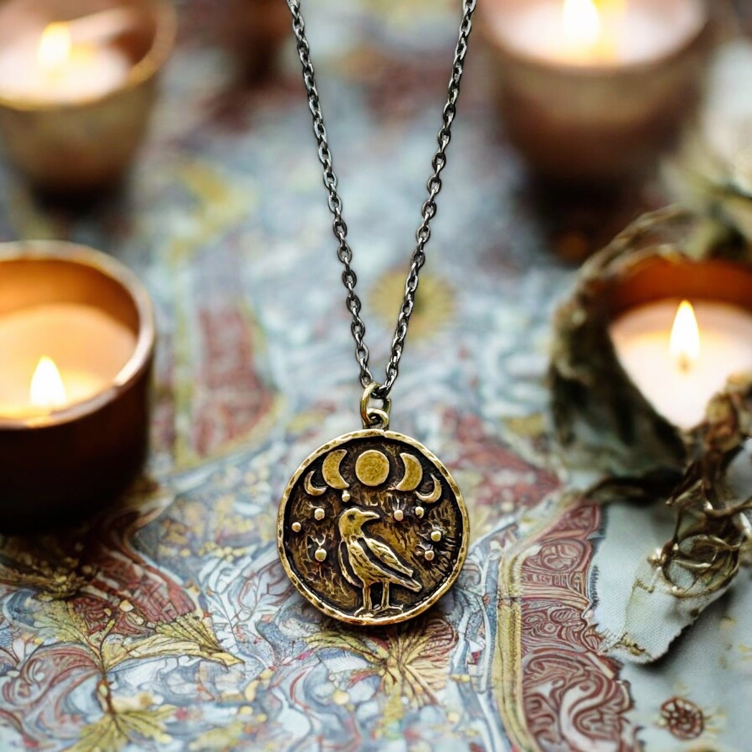 Crow coin necklace, Moon Phase Lunar Cycle Charm Pendant