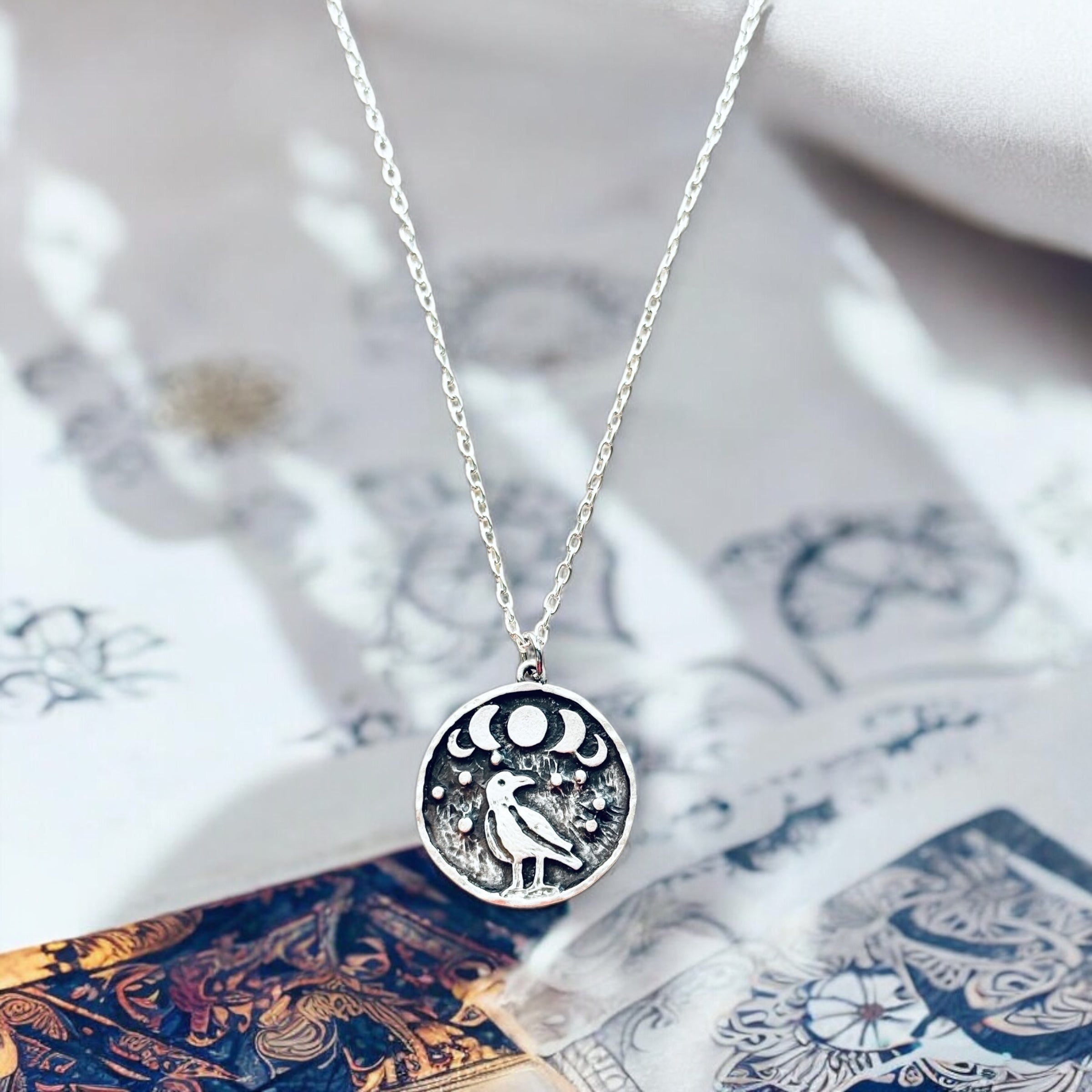 Crow coin necklace, Moon Phase Lunar Cycle Charm Pendant