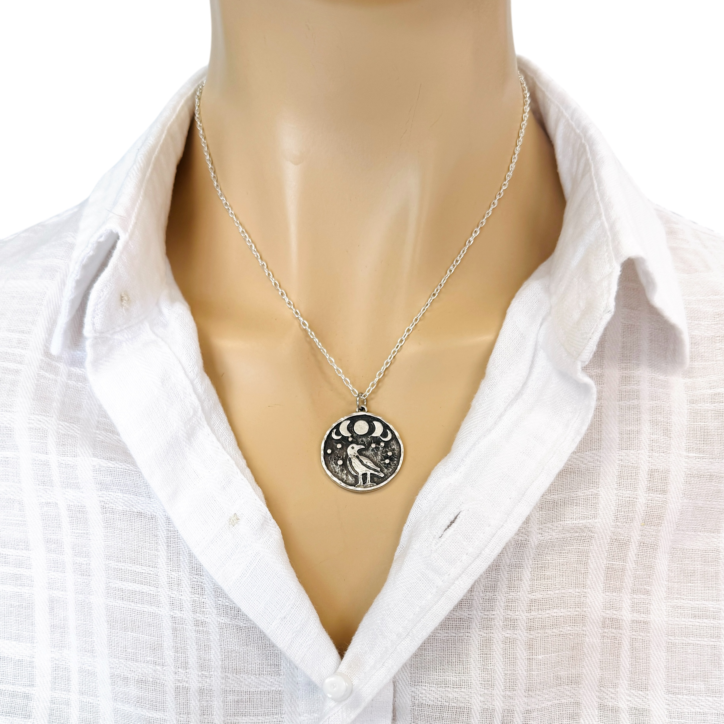 Crow coin necklace, Moon Phase Lunar Cycle Charm Pendant