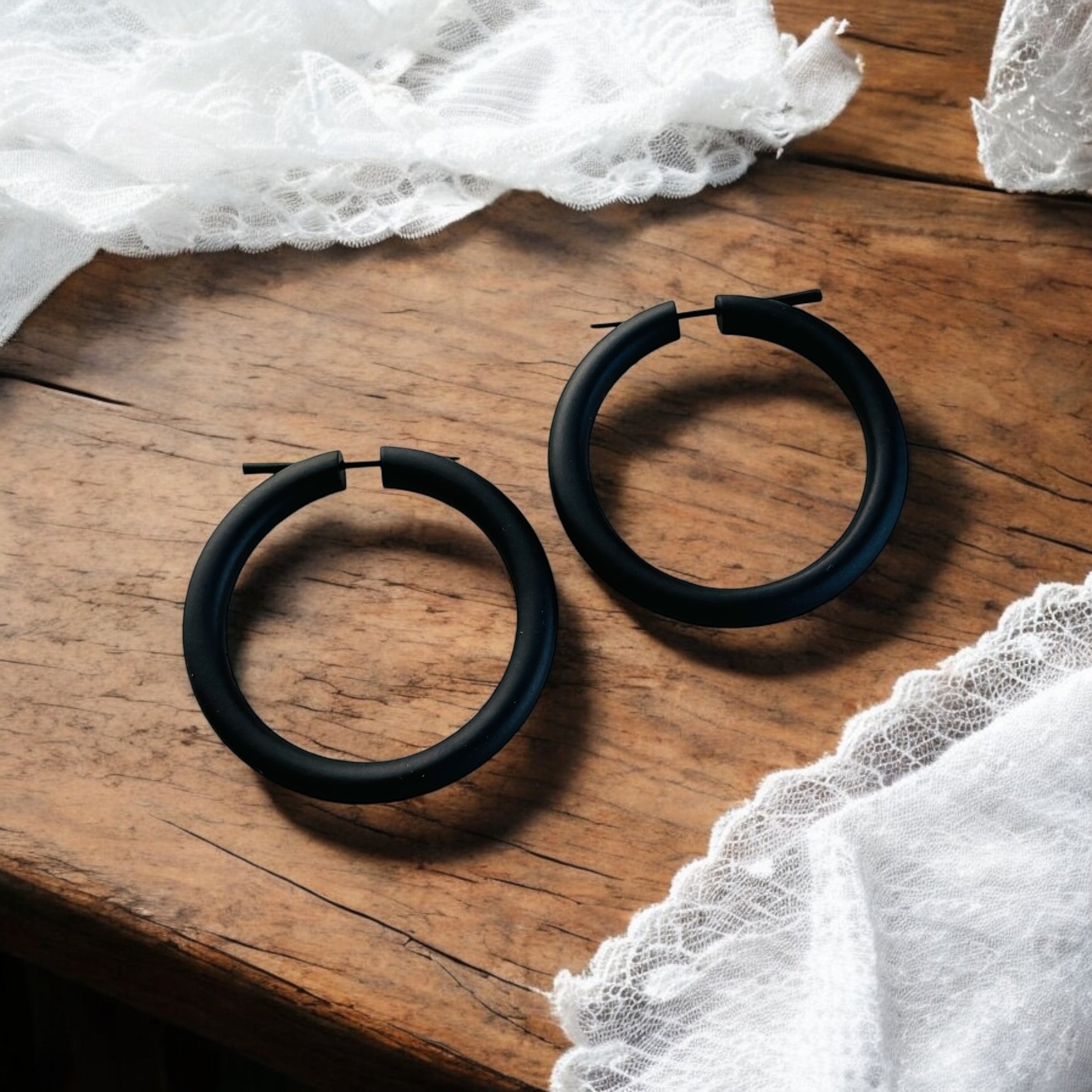 Wooden hoop black earrings for women boho