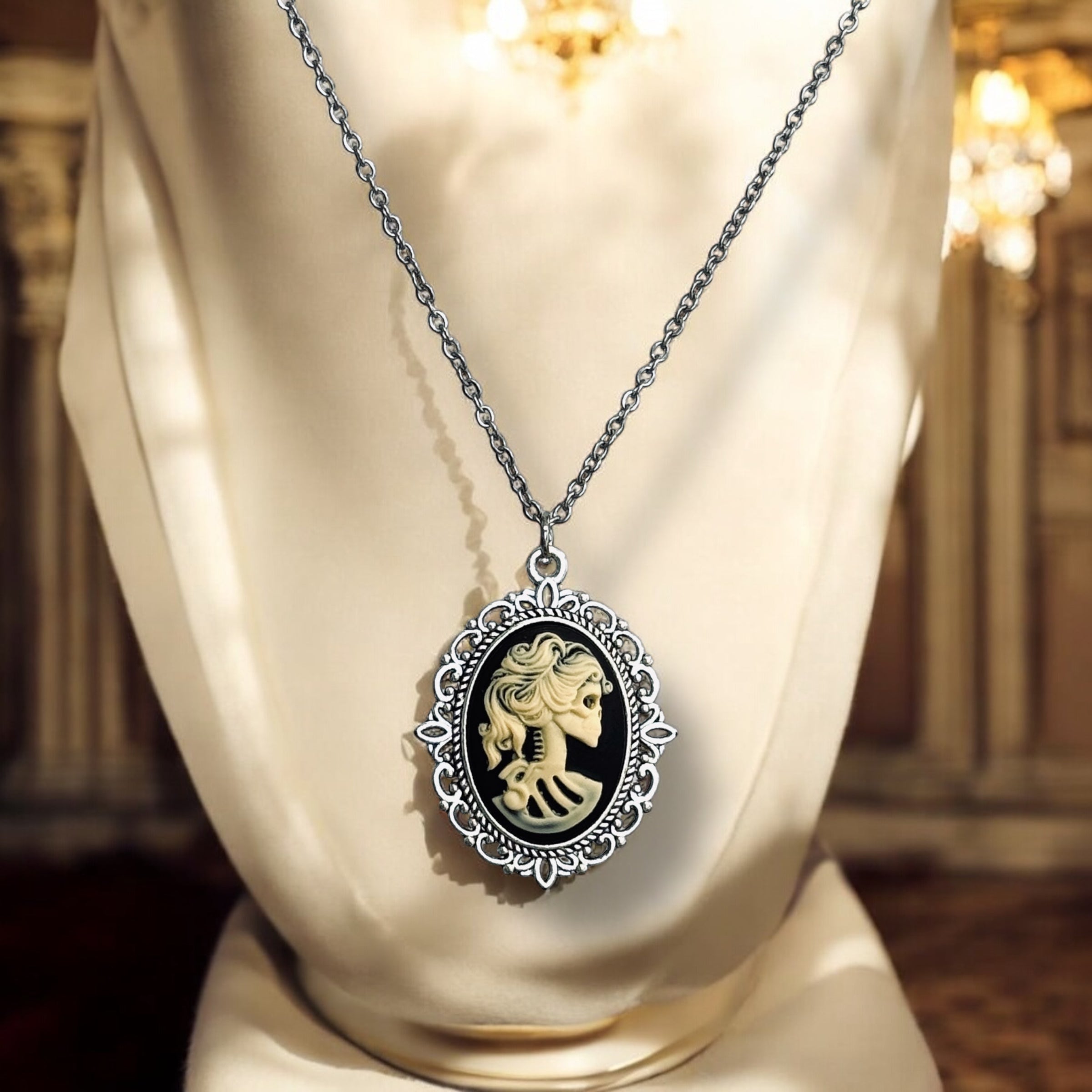Gothic Lolita cameo pendant necklace crow skeleton black cat