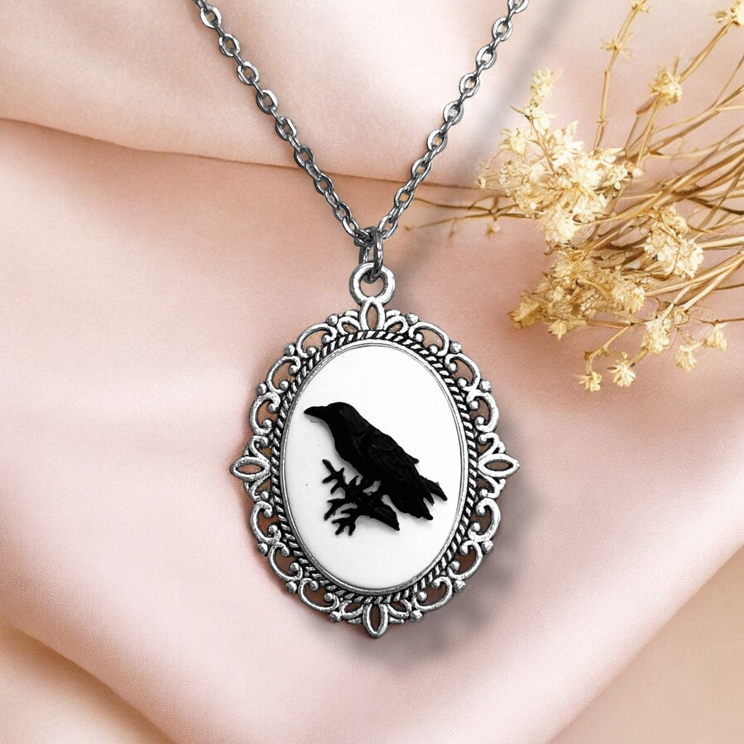 Gothic Lolita cameo pendant necklace crow skeleton black cat