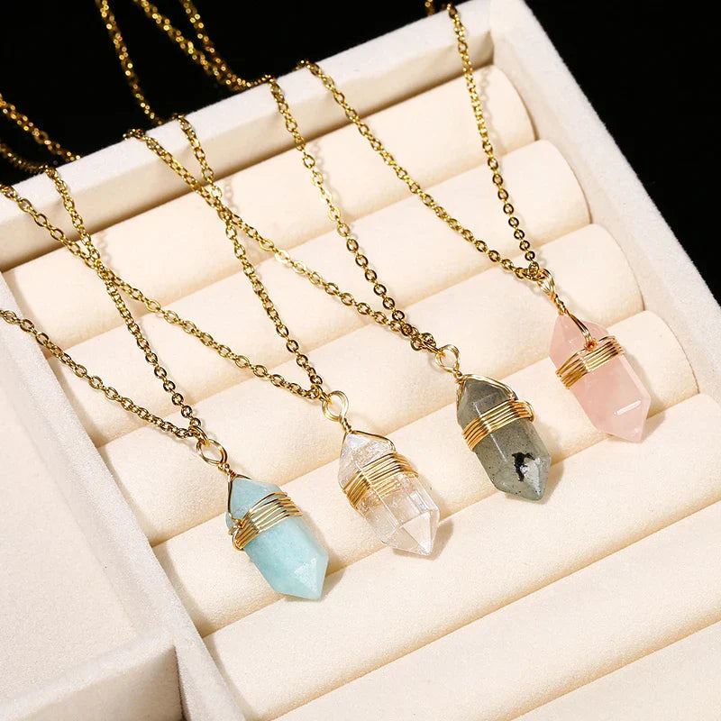 Crystal Hexagon Wire Wrap Gold Necklaces