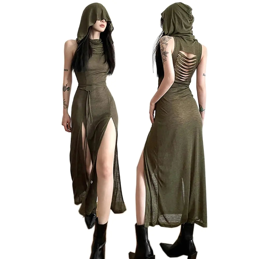 SINROYEE Women High Slit Long Dress Sexy Sleeveless Cocktail Dress Sexy Cutout Bodycon Party Club Cami Dresses (Large Dark Green)