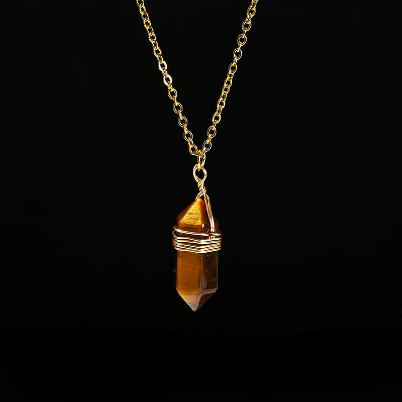 Crystal Hexagon Wire Wrap Gold Necklaces
