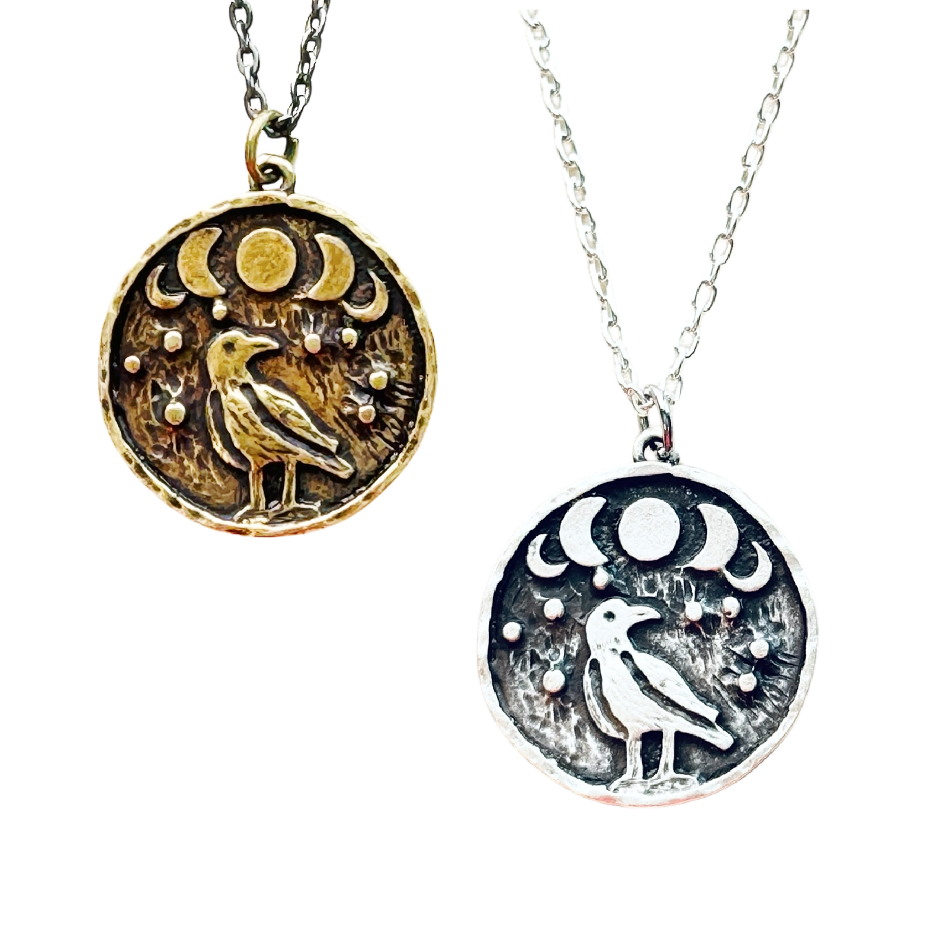 Crow coin necklace, Moon Phase Lunar Cycle Charm Pendant