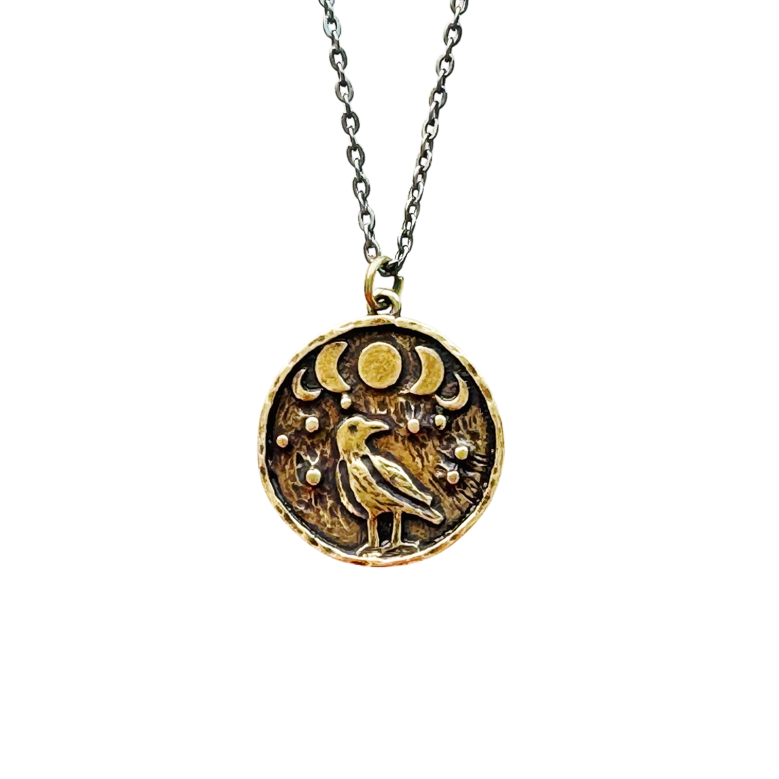 Crow coin necklace, Moon Phase Lunar Cycle Charm Pendant