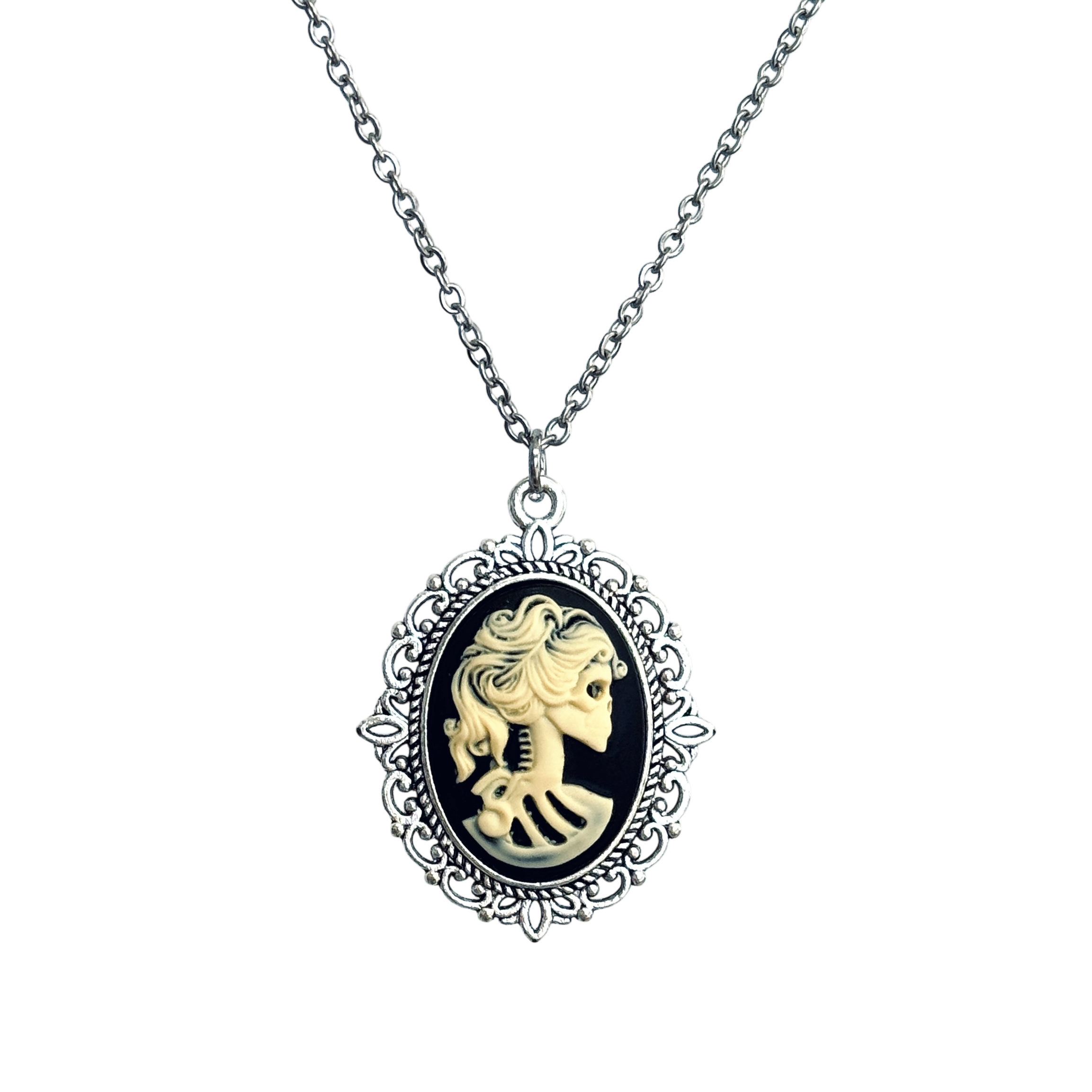 Gothic Lolita cameo pendant necklace crow skeleton black cat