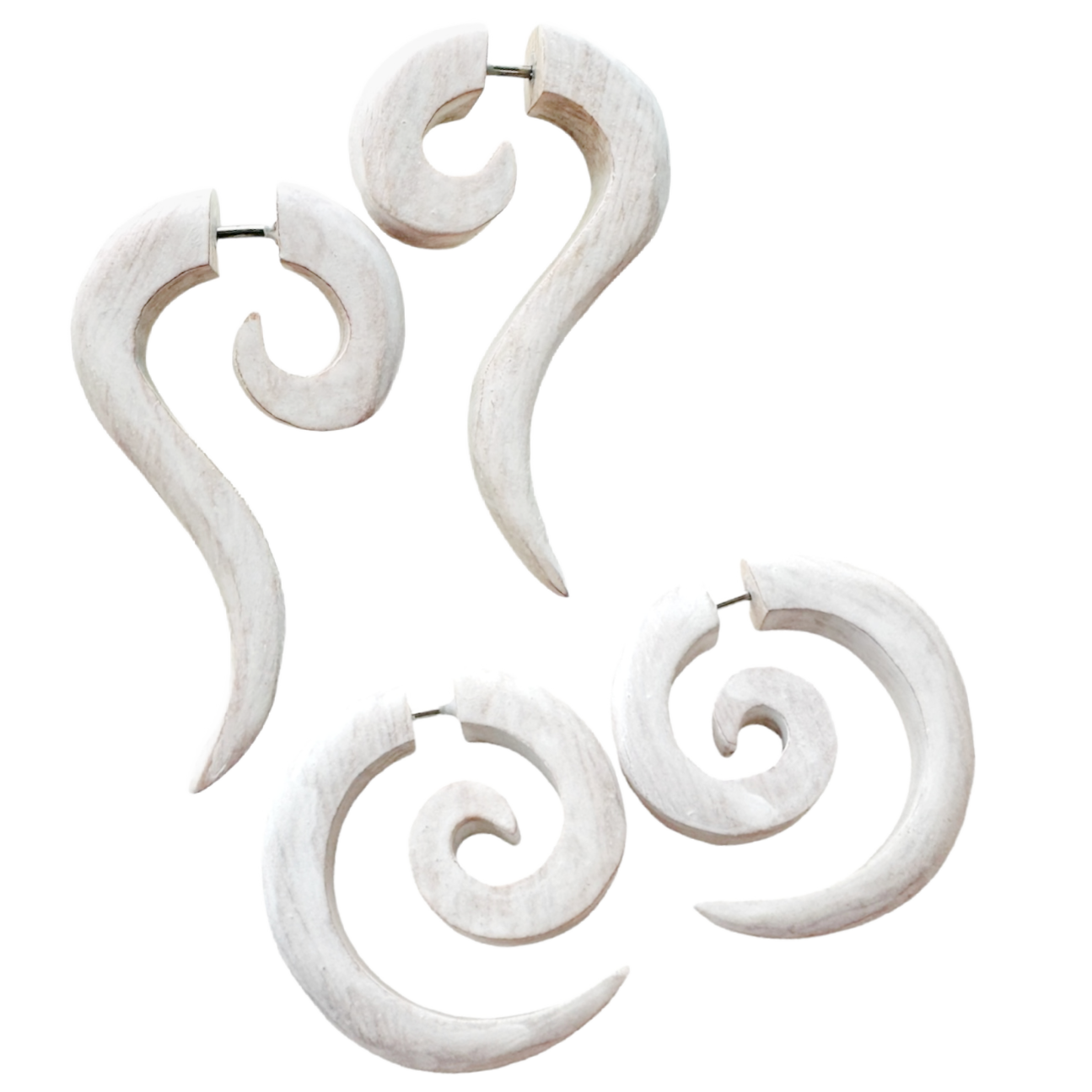 Wooden spiral earring organic jewelry rustic white color fake piercing